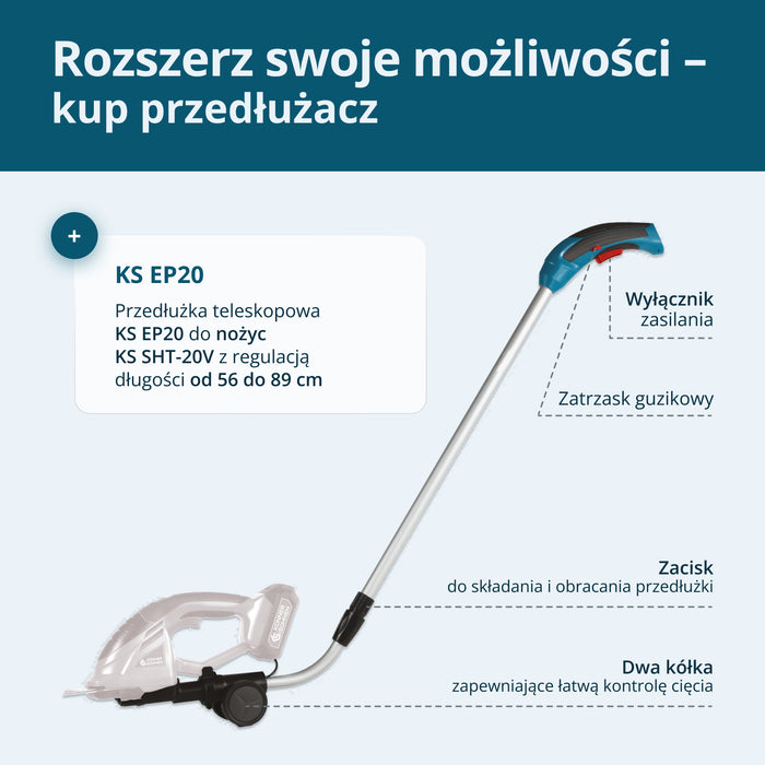 Akumulatorowe nożyce do trawy i żywopłotu 2 w 1 z przedłużaczem teleskopowym KS SHT-20V + Extension Pole