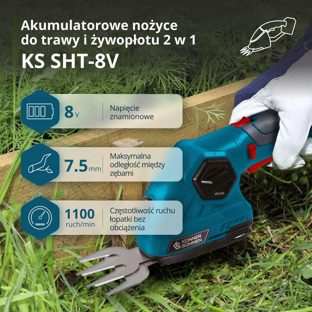 Bezvadu 2 vienā zāles šķēres un dzīvžoga trimmeris ar teleskopisko pagarinājuma kātu KS SHT-8V + pagarinājuma kāts