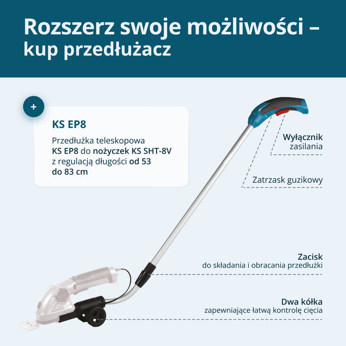 Bezvadu 2 vienā zāles šķēres un dzīvžoga trimmeris ar teleskopisko pagarinājuma kātu KS SHT-8V + pagarinājuma kāts