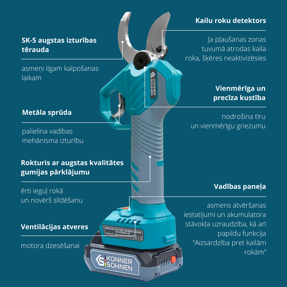 Belaidės elektrinės genėjimo žirklės KS CPS20V-40 dėklas