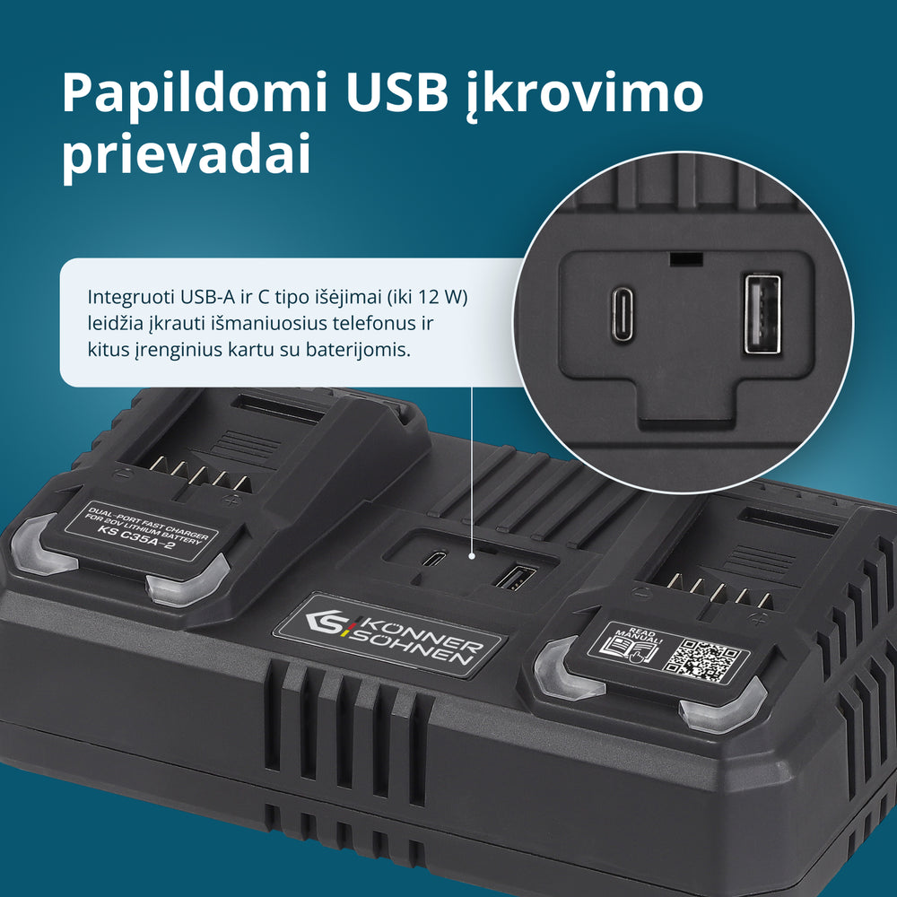 Dvigubas įkroviklis 20V įkraunamoms baterijoms KS C35A-2